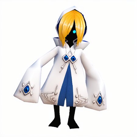 <lora:zs_N64ZeldaStyleXL:0.8> n64zeldastyle, 3d, polygonal, white background, full body, solo
 <lora:Bone_Maiden:1> bonemaiden, blonde hair, blue eyes, black skin, colored skin, hood, cloak, short hair, no mouth, hair over one eye, spikes, iron maiden