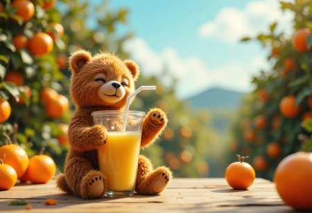 Cute bear doll sitting in large glass cup, brown bear, cup on table, bear drinking juice with paper cup and straw, eyes closed, smiling, smiling, childlike atmosphere, clay model image, orange grove, sunny, blue sky, sunshine, wide angle, 
aidmafluxpro1.1