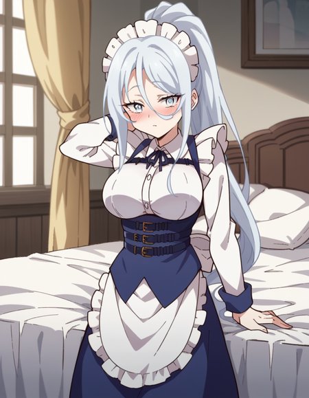 score_9, score_8_up, score_7_up, source_anime, <lora:sylpha-langlis-s1-ponyxl-lora-nochekaiser:1>, sylpha langlis, long hair, blue eyes, hair between eyes, ponytail, white hair,, large breasts, apron, maid, maid headdress, maid apron, frills, long sleeves,, indoors, bed, bedroom, on side, blush, drunk, , hand behind head, , looking at viewer, solo,, dutch angle, cowboy shot