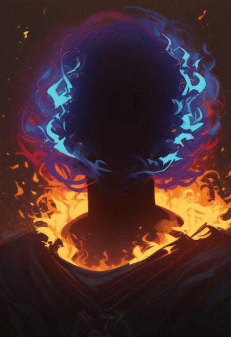 score_9, score_8_up, score_8, score_7_up, score_7, score_6_up, score_6, score_5_up, Score_5, lord_of_frenzy, headless, novakin, (faceless, no eyes, no mouth, no nose, no facial features:1.3), (short fiery blue purple hair, body made of black plasma:1.2), (blue flames:1.3), black robes,  vox machine style, 1boy, male focus, solo, portrait, dark foreboding background, fantasy, (dynamic lighting:1.1) ((masterpiece))
