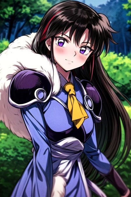 masterpiece,  best quality 1girl Setsun4 solo long hair,  (night time) forest background black hair very long hair purple eyes multicolored hair armor (fur trim) (medium body),<lora:EMS-179-EMS:0.800000>,<lora:EMS-293862-EMS:0.800000> bow, hair_bow, hair_tubes, red_bow, brown_hair, long_hair, bangs, ascot, frilled_bow, yellow_ascot, blush, smile, hair_between_eyes, athletic, armor, miko