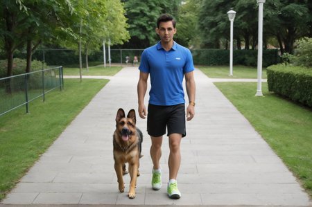 Imagine a man, wearing black shorts, blue shirt, green tennis shoes, walking in a park, with a (black) german sheppard dog. 