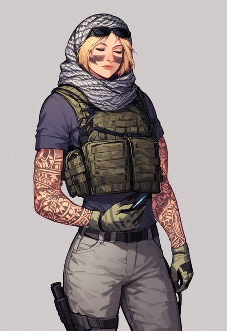 score_9, score_8_up, score_7_up,derpibooru_p_95, source_anime, very aesthetic, anime screencap, anime coloring, 
valkyrie, valkyrie \(rainbow six\), 1girl, solo, short hair, blonde hair, shirt, gloves, holding, closed eyes, short sleeves, cowboy shot, belt, pants, signature, scarf, dated, tattoo, sunglasses, eyewear on head, facepaint, grey pants, facial tattoo