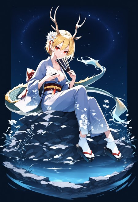 kicchou yachie, touhou, dragon girl, 1girl, blonde hair, eastern dragon horns, eastern dragon tail, red eyes, dragon horns, short hair, dragon tail, japanese clothes, white socks, solo, socks, sitting, looking at viewer, kimono, hair ornament, antlers, cleavage, holding fan, hand fan, hair flower, tabi, wide sleeves, white flower, full body, no shoes, long sleeves , night sky, starry sky, dark theme, dappled moonlight, atmospheric,
score_9, score_8_up, score_7_up, score_6_up, absurdres, best quality, masterpiece, very aesthetic
<lora:dragon_girl_pony_v2:1>