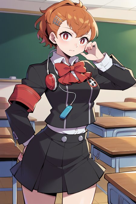 score_9, score_8_up, score_7_up, BREAK, <lora:sunafukitabito-guy-PONYv1:1>, 1girl, solo, breasts,  <lora:persona3_shiomi_ponyXL:0.98> shiomi kotone, hairclip, gekkoukan high school uniform, black jacket, red bow, armband, long sleeves, black skirt, headphones, media player, classroom, indoors,