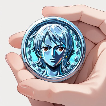 masterpiece, best quality, newest, absurdres, highres, anime, anime style, TheC0in-silver, silver, silver coin, coin, TheC0in, 
1girl, Nami \(one piece\),
made of silver, objectification,