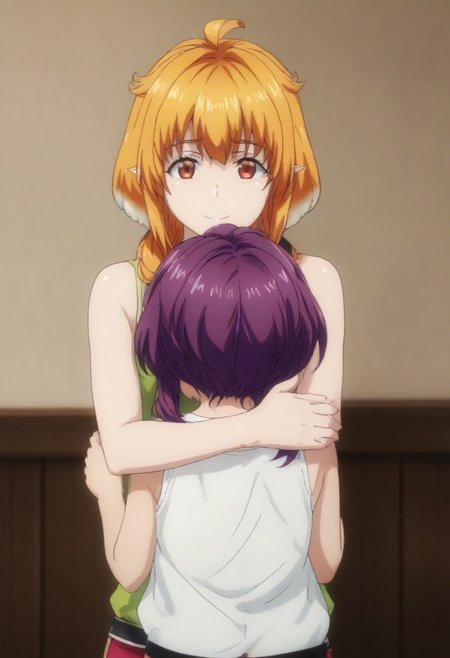 score_9, score_8_up, score_7_up, source anime, prefect lighting, very aesthetic, BREAK, anime screencap.
BREAK 
1st girl= Roxanne, blonde hair, brown eyes, orange hair, shiny hair, dog girl, floppy ears, soft smile.
BREAK 
2nd girl= Sherry, short hair, red eyes, twintails, purple hair, small breasts, pointy ears, soft smile.
BREAK 
2girls hug and kiss each other tightly.
BREAK 
2girls hug and kiss each other tightly.