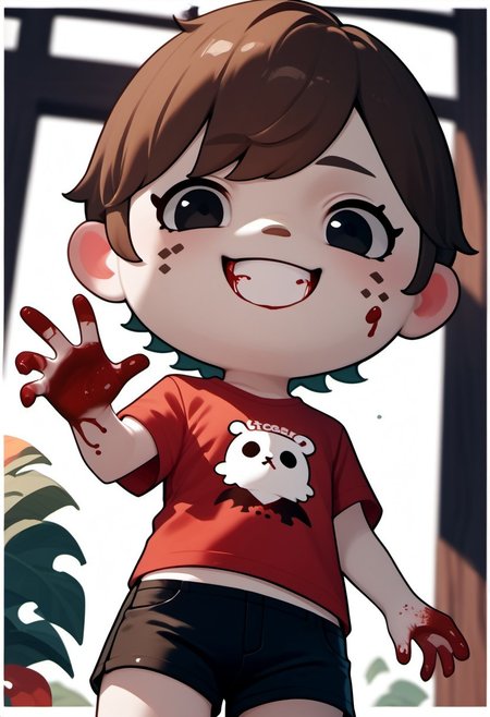 zPDXL3, score_9, score_8_up, score_7_up, score_6_up, score_5_up, score_4_up, 
1boy, solo, straight short brown hair, black eyes, black shorts, flat chest, red t-shirt, a big “1” is written on the front of the t-shirt in light blue and white border, smiling, evil glint in one eye, acvillager, (chibi:1.2) (blood on face), (bloody hands:1.2), (blood on clothes) cowboy shot, low angle, dutch angle,