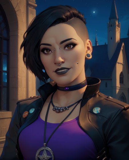 score_9,score_8_up,score_7_up,score_6_up,
nicoxl,piercing,nose piercing,black hair,hair to side,black lips,short short hair,brown eyes,
earrings,necklace,leather jacket,purple shirt,belt,black pants,bracelet,choker,
standing,light smile,upper body, close up, 
night,outside,cathedral,wall,<lora:nicoXL:0.8>,