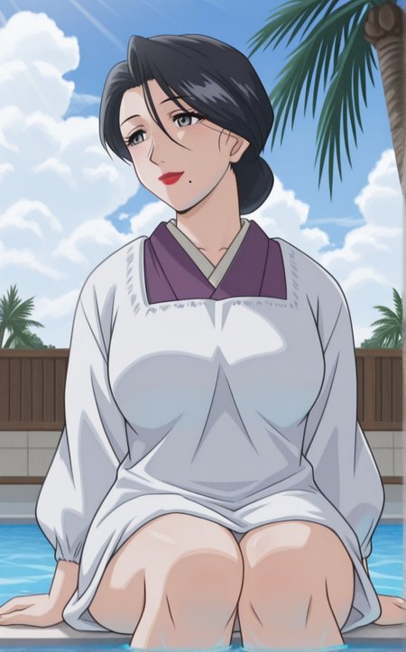 masterpiece, best quality, insaneres, absurdres,soaking feet, pool, palm tree, outdoors, sitting, water, looking to the side, light smile, day, sidelighting, cloudy sky, partially submerged, cocktail, scenery,  <lora:ILLUSTXL_MistreatedBride_SumieTakayanagi_ownwaifu:1>, BREAK WhiteApron_SumieTakayanagi_ownwaifu, 1girl, black hair, breasts, grey eyes, japanese clothes, lipstick, makeup, mature female, mole under mouth, red lips, white apron, kimono, single hair bun, apron, kappougi, hair between eyes, large breasts,