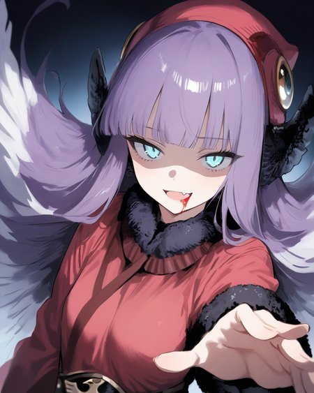 1girl,
MuuShuwuuShinMegamiTensei,
safe, solo, upper body,
long hair, hair wings, purple hair, multicolored hair, white hair,
hat, fur trim, earmuffs,
shaded face,
blunt bangs,
beautiful eyes,
open mouth, blood in mouth, fang,
hug, reaching, long sleeves,
coat, small breasts,
dark room, bloodstain,
depth of field,
<lora:kp_MuuShuwuuShinMegamiTenseiAnimagineXL_v1_0:1.0>,
masterpiece, high score, great score, absurdres
