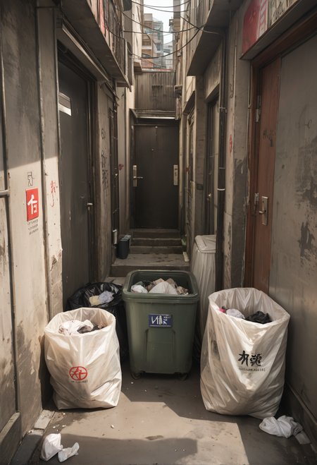 ,ruanyi1205,trash bag,trash can,outdoors,dirty,alley,<lora:1205 Old-time Hong Kong alley_v1_pony:1>, score_9,score_8_up,score_7_up,,8k,1girl,solo,,