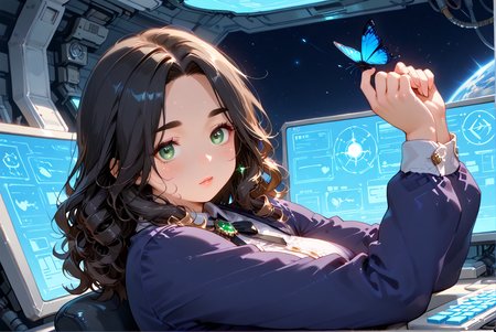IllusP0s, PonyScores7, source_anime, ah1, IllustriousQual, interesting, exciting, spectacular, wonderful, 
BREAK <lora:xl_more_art-full_v1:0.2>, <lora:aesthetic_anime_v1s:0.2>, <lora:EpicF4nta5yXL:0.2>, <lora:detailxl:0.2>, detailxl, <lora:Fant5yP0ny:0.2>, amazing quality, best aesthetic, absurdres, illustration, Volumetric_Lighting, ultra-detailed, very aesthetic, intricate details, best_quality
BREAK ((Rear view, arms up)),
BREAK Stable_Yogis_PDXL_Positives, AS-Adult, <lora:Complicated fantasy portrait - XL Pony V2.0:0.2>, bad-hands-5, <lora:HDA_Detailer:0.3>, <lora:natsumi_style:0.5>, <lora:by_usakun-pony:0.4>, by usakun, <lora:Akina_Bbw_Style_-_PonyXL:0.2>, AkinBw, ((fine art photography, artistic expression, conceptual storytelling, exploring themes, emotional resonance, unique perspectives, innovative compositions, creative techniques, immersive experiences, blending reality and imagination, visual poetry, capturing beauty, challenging perceptions, evoking thought, personal interpretation, aesthetic exploration)),
BREAK 1girl, mature female, (curvy), round-chin, caucasian, <lora:ETO_OC_Illustrius:0.5>, eto_oc, skindentation, (plump), thick thighs, wide hips, busty, voluptuous, <lora:venus body PonyXL:0.3>, <lora:shinyskin2:0.2>, glistening skin, HDA_FatGirlXL, 
BREAK ((<lora:TQ_-_Beauty_and_Butterfly_XL:0.8>, dress, butterflies))   
BREAK (curly hair), long hair, (black hair:1.4), (parted hair:1.7), messy hair, kinky curls, <lora:hairdetailpxl:0.2>, hairdetailpxl,
BREAK (half green and brown eyes), (colorful eyes), (multicolored eyes), (downturned eyes:1.4), <lora:expressive eyes:0.2>, expressive eyes, <lora:eyedetailpxl:0.2>, eyedetailpxl, <lora:Eyes_High_Definition:0.2>, EyesHD, (round face:1.2), (thick eyebrows:1.3), (plump face), <lora:Round_face:0.2>, lips, 
BREAK (((Dour, A stern joyless countenance devoid of smiles expression))), <lora:Expressive_H:0.2>, Expressiveh, <lora:Emotional_Anime_Expressions_PonyXL_Concept:0.2>, emotional, <lora:Best_Facial_Expression_LoRA_PONY:0.2>, looking at viewer, <lora:Detailed expressive EXEV style -XL Pony V1.0:0.2>, FaceDetail,
BREAK (((technology Hub, Futuristic space with sleek metallic walls, holographic screens displaying data, hovering drones zipping around, computer terminals with glowing keyboards, a central console emitting a soft blue light))), <lora:Background Detailer - SDXL:0.8>, 4k, 8k, Ultra HD, Masterpiece, Best quality, Detailed background,