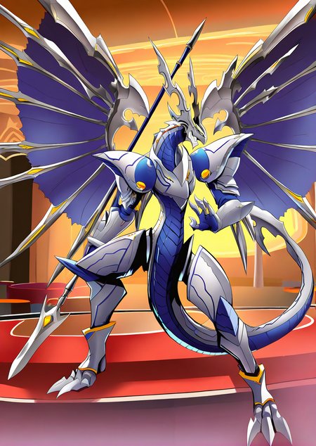 sfw, masterpiece, best quality,absurderes,solo,1man,dorugoramon knight, wings,horns,holding spear,full body,shaded face,tail,indoors,casino,fighting stance,ultimate,persona 5 anime sceencap,yellow eyes,grin  <lora:DorugoramonIllustrious:0.92>