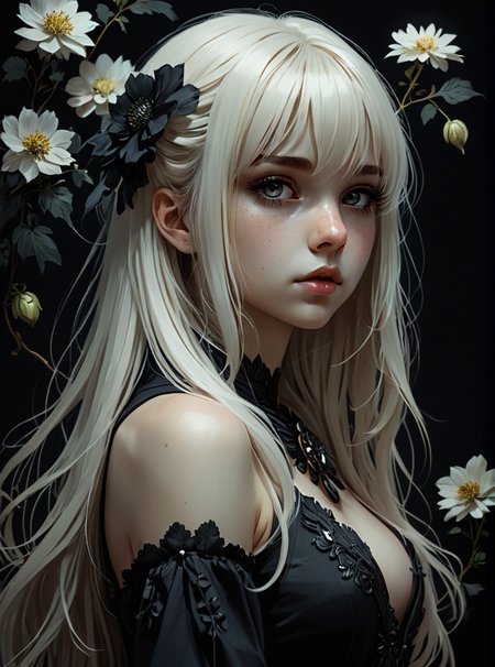 2D drawing, overhead shot, full body girl with long white hair and bangs, profile, (Anna Dittmann, Ilya Kuvshinov, Jeremy Mann) a large obsidian medallion, low head, hyper detailed eyes, black flowers, dark shadows, very high contrast , overhead light, dark background, gloomy atmosphere, manga style