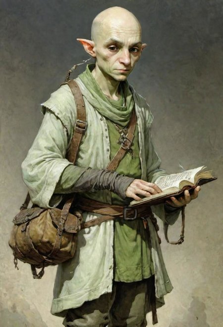 videogame art,  A Young Adult bald thin wizard, spellcaster, wearing a light green ragged tunic, oldschool vintage magician, dungeons and dragons inspired, shoulder bag portmanteau, by Jean-Baptiste Monge