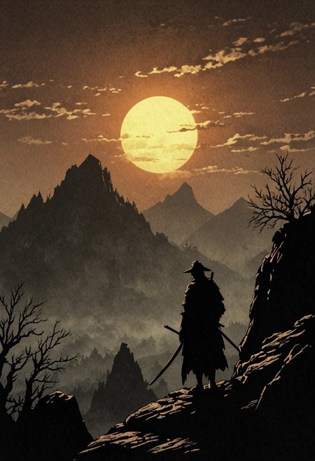 novuschroma85 style, 
A lone samurai stands resolutely on a rocky cliff, his silhouette outlined against the setting sun. The wind tugs at his flowing robe and the long blade of his katana glints faintly in the fading light. Below, the vast landscape stretches out with jagged cliffs and distant mountains. The samurai's posture is strong and unwavering, embodying solitude and honor as he gazes out over the horizon, lost in thought.
The artwork is rendered in a cinematic digital painting style, with dynamic brushstrokes that capture the movement of the wind and the rugged texture of the rocky terrain. The use of warm tones and soft gradients adds to the sense of tranquility and introspection.
The lighting is dramatic and golden, with the low sun casting long shadows and illuminating the scene in a soft, warm glow, enhancing the contrast between the samurai and his surroundings
