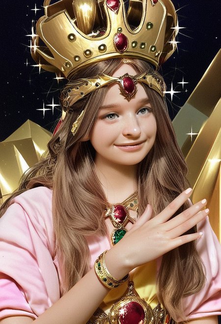 score_9, score_8_up, score_7_up, 1girl, solo, (Pito:1.4), long brown hair, grey eyes, queen, dressed, golden crown, jewels, goddess, 30yo, (perfect hands:1.2),  
Inviting, (quirky, flirtatious:1.3), happy,
((Majestic, golden glow, sparkles, heavenly background))