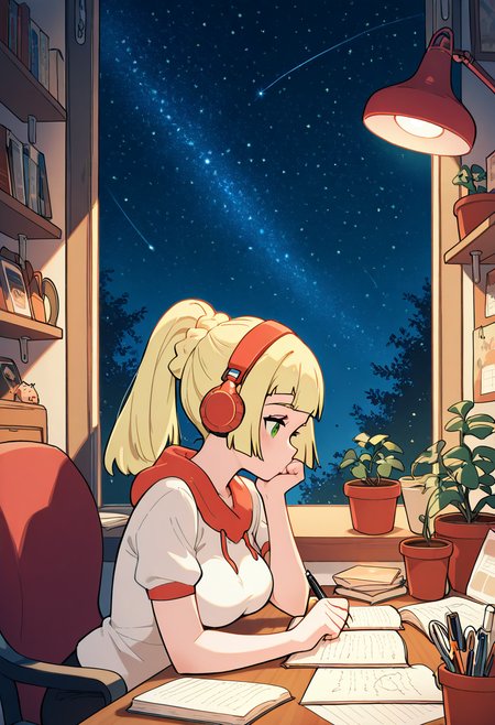 masterpiece, best quality, medium breasts, (curvy),   BREAK, zzLillie, long hair, braid, <lora:LilliePokemonIXL:1.0>,zzLofi, sitting, side view, desk, chair, book, bookshelf, head rest, holding, holding pen, lamp, night, open book, pen, plant, potted plant, sky, star (sky), starry sky, window, windowsill, writing,   ,    <lora:LofiGirl_Style_IXL:1.0>,