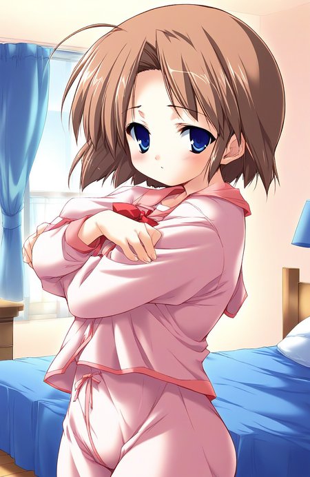 score_9, score_8_up, score_7_up, source_anime, rating_explicit, BREAK   <lora:Shiki_Akimi_Ver2.0_XL:1> ShikiAkimi, brown hair, blue eyes, short hair, short stack,
 solo, bed, pink pajamas, indoors, crossed arms, room,