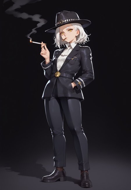 score_9, score_7_up, source_anime, full body, woman, cat ears, small breasts, whiskers, long messy hair, white hair, white eyebrows, white eyelashes, yellow eyes, slit pupils, black fedora, buisiness suit, black trousers, black jacket, holding thompson submachine gun, looking at viewer, smoking sigar, black background, cigarette, smoking, mouth hold, csr style, tmmygn