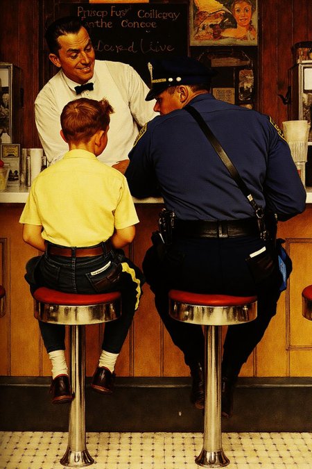 normanrockwell1 painting.
Inside a 1950s-style diner, a police officer and a young boy sit at a counter,
their backs to the viewer. 
On the right is the police officer, in a dark blue uniform with a cap, badge, and utility belt, leans forward, engaging with the boy next to him.
Behind the counter stands the waiter, looking at the boy with an amused expression.
 <lora:normanrockwell1_cap_d6a3e12:1.0><lora:841445588911415431:0>