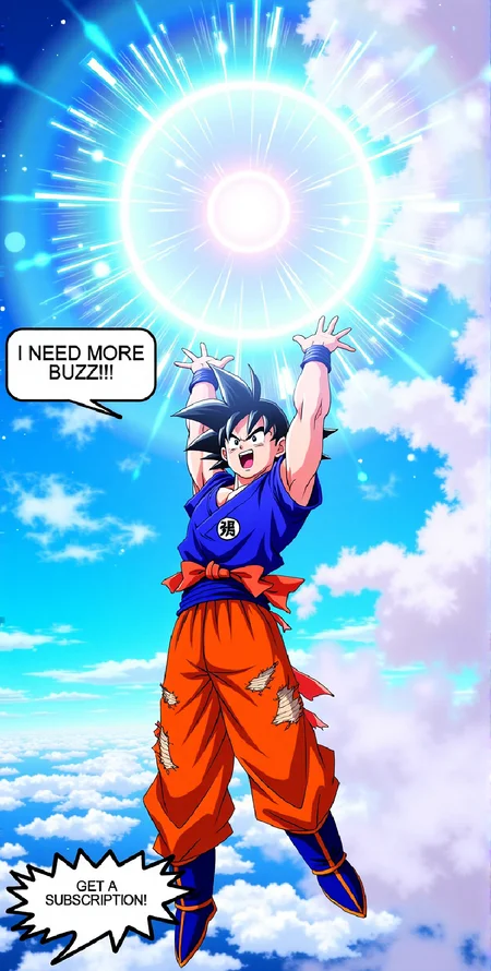 The image depicts a dynamic and colorful illustration inspired by the iconic character Goku from the renowned anime series Dragon Ball Z. Goku is portrayed soaring in mid-air, arms extended wide, with a fierce and determined expression. His trademark orange and blue outfit is shown tattered and torn, emphasizing his intense battle spirit.

In the center, Goku holds a radiant, glowing, white sphere—a powerful and magical Spirit Bomb pulsating with energy. The background features a vivid blue sky adorned with fluffy white clouds, enhancing the scene's epic atmosphere.

Above Goku, a speech bubble in bold anime-style font reads: “I need more buzz!!” Below him, another speech bubble, pointing downward, exclaims: “Get a subscription!”.
(vibrant illustration:1.4), (vibrant anime:1.5), (masterpiece:1.5), (uhd:1.5), (ultra detailed:1.5),(detailed drawing:1.5),(high quality:1.5),  <lora:5 FLUX -\Anime style -\OWpn_art.safetensors:1.0>