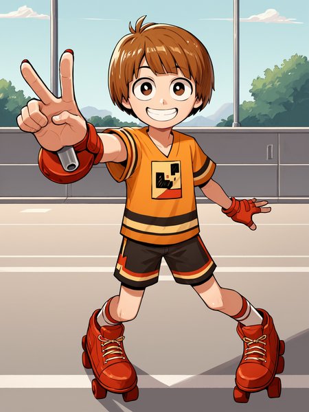 ,score 7 up,score_6_up,highres, <lora:Ace_ambling_r1:0.7>, ace, 1boy, brown hair, short hair,roller skates,solo,parody,smile,