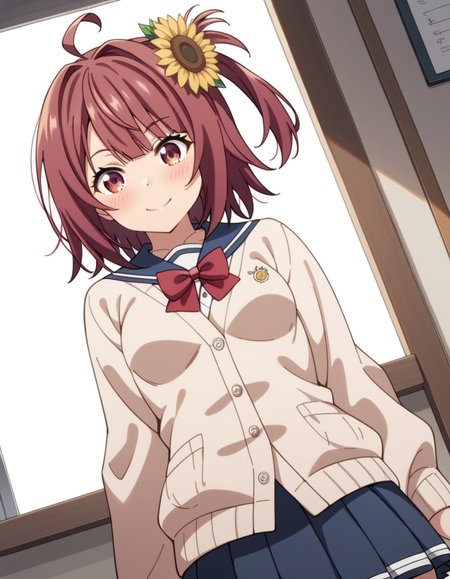 score_9, score_8_up, score_7_up, source_anime, uncensored, <lora:StS_detail_slider_v1:3>, zPDXLxxx, <lora:Aoi_Hinata_PONYXL_VexVexX:1>, AoiHinata, 1girl, red eyes, red hair, short hair, one side up, ahoge, hair ornament, hair flower, sunflower hair ornament, small breasts, school uniform, serafuku, pleated skirt, cardigan, red bow, cowboy shot, indoors, __PERSPECTIVE__, __POSES_CLOTHES_2__, smile