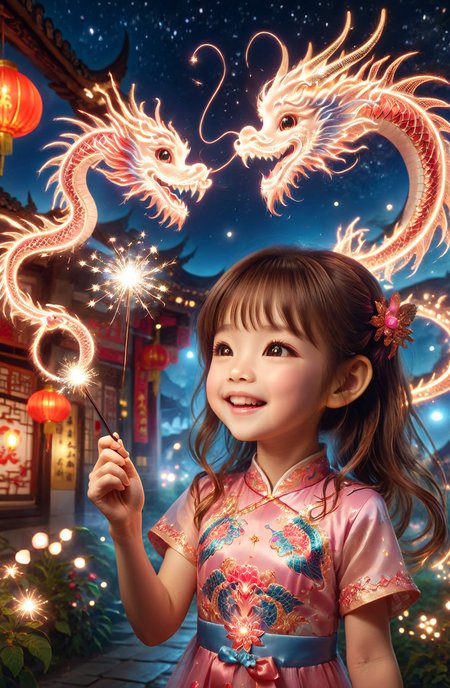 amazing quality, masterpiece, best quality, hyper detailed, ultra detailed, UHD, DOF, depth of field, HDR, perfect anatomy
solo, cute, kawaii, brown hair, joyfully plays with fairy wand, waving it in the air, red lantern, wearing pink cheongsam, milky way,
a small cfc-spark-dragon above the fairy wand, translucent, dazzling, shine, sparking, trajectory of sparks,
<lora:spark-dragon:0.75>,
<lora:ral-lnrnwyr:0.5>, ral-lnrnwyr,
<lora:add-detail-xl:0.75>,
<lora:extremely_detailed:0.75>, extremely detailed,
<lora:quality1:1.0>,
<lora:DonM3t3rn1tyXL-v1.1-000008:0.7>, DonM3t3rn1tyXL,
<lora:zavy-chnsdrgn-sdxl:0.5>, zavy-chnsdrgn,
SK_Fantasy,