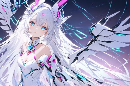 Jed-rbt, seraph, 1girl, cinematic angle, :3, looking at viewer, scifi hair ornaments, energy hair, brooch, sleeve, cape, mechanical wings, screws, cables, led lights, glowing, Futuristic, chromatic aberration, Kawaii, [(blue-white background:1.2)::0.2], (neon luminescence background:1.2), illustration, incredibly absurdres, ultra detailed, masterpiece, best quality,[<lora:detailed_notrigger:0.95>::0.5], [:<lora:detailed_hands:1.05>:0.5],<lora:RoboStyle:1>