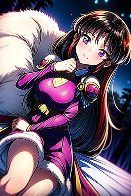 best quality 1girl Setsun4 solo long hair,  (night time) forest background black hair very long hair purple eyes multicolored hair armor, small, (fur trim) (medium body),<lora:EMS-179-EMS:0.800000>,<lora:EMS-293862-EMS:0.800000> bow, hair_bow, hair_tubes, red_bow, brown_hair, long_hair, bangs, ascot, frilled_bow, yellow_ascot, blush, smile, hair_between_eyes, athletic, armor, miko, ,(((intricate outfit,intricate clothes,embroidered outfit,ornate outfit,embroidered clothes,ornate clothes))), laying down, lying down