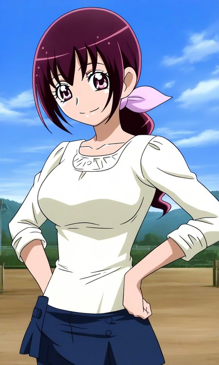 general,highres, ultra-detailed,very aesthetic,best quality ,best hands, BREAK <lora:Hoshizora_Ikuyo_Smile_Precure_IS:1>
Hoshizora_Ikuyo, 1girl, solo, large breasts, purple hair, ponytail, hair ribbon, pink ribbon, long hair, pink eyes,
shirt, pants, blue pants,  collarbone,  long sleeves, 
hands on own hip,
sleeves rolled up, 
smile,looking at viewer, cowboy_Shot,
outdoor, sky,