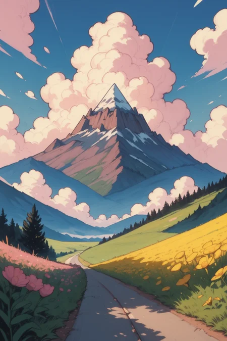 outdoors, scenery, tree, flower, cloud, sky, mountain, castle, no humans, path, field, grass, landscape, nature, pink flower, cloudy sky, building, road, yellow flower, mountainous horizon, blue sky, day, zPDXL3, detailxl,  Score_PnyReal,