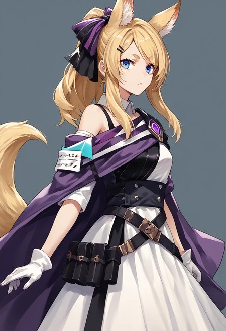 score_9, score_8_up, score_7_up, score_6_up, score_5_up, score_4_up, source_anime, solo, 1girl, 
WhislashGloPu, blue eyes, blonde hair, animal ears, tail, thick eyebrows, long hair, ponytail, hairclip, hair bow, detached collar, white dress, single bare shoulder, purple shoulder sash, white gloves, black belt, black thighhighs, 
masterpiece, best quality, very aesthetic, absurdres,