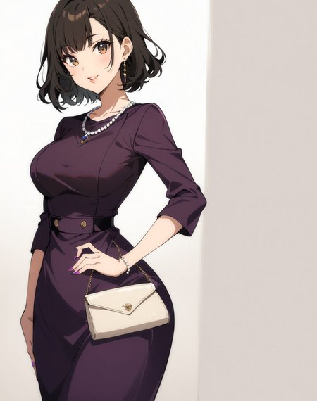 1girl,solo,smile,
parted lips,posing for a picture,standing, puffy lips,lipstick,source_anime,sexy pose,digital painting,looking at viewer,paintel nails, edgpdress, looking at viewer, brown hair, black hair, holding, brown eyes, jewelry, standing, parted lips, medium hair, necklace, bag, lips, hand on hip, purple dress, handbag, pearl necklace ,wearing edgpdress <lora:edgOfficeLadySDXL:0.9>
masterpiece,best quality,absurdres