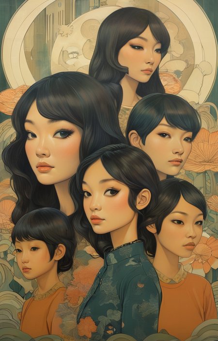 masterpiece,best quality,<lora:tbh280-sdxl:0.9>,illustration,style of Audrey Kawasaki
 portrait of family