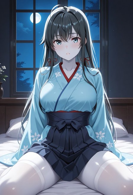 shiny skin, raw lighting, overexposed, harsh flash, dark background, dark room, bed, indoors, window, night, dark, 1girl, large breasts, light blue kimono, obi, sash, white stockings, wooden snadals, dark blue hakama, <lora:NOOB_vp1_detailer_by_volnovik_v1:1>, <lora:add-detail-xl:2>,masterpiece,very esthetic, best quality ,high resolusion, 8K,absurdres, newest,crisp quality, ultra detailed, anime style,
1woman,solo, oregairu, Yukinoshita Yukino, blue eyes, large breasts, grey hair, long hair, white hair, very long hair, Yuki-onna style, blunt bangs colored skin, (white skin:1.3)