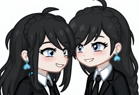 GELUGDD, GELUGDDGacha, Gacha, girl, black hair, long hair, braid, blue eyes, blue earrings, black tie, black skirt, black jacket with tie, white background, smile, cute face, score_9, score_8_up, score_7_up, score_6_up, score_5_up, smile, cute face, ((( Side view ))), ((2girl))