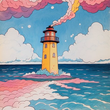 Score_9, score_8_up, score_7_up, score_6_up, BREAK  <lora:Pastel_ReveriePony:1> ArsMJStyle, Pastel Reverie, The image shows a drawing of a lighthouse in the middle of a body of water surrounded by a sky filled with clouds., no humans, smoke, traditional media, cloud, sky, outdoors, painting (medium)