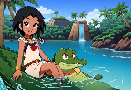 Tick tock crocodile,male animal focus,tail, crocodile , crocodile mouth open,smile ,green skin, blue eyes, Tick Tock the crocodile is giant and very huge size,teeth, crocodile swimming and submerged in the water,Tick Tock the crocodile looking Choi_mochimazzi,Choi_mochimazzi an anime girl, 1girl, looking at viewer, smile, short hair, Choi_mochimazzi sitting down on the the rock,Choi_mochimazzi IS her very little size. Base - choim, short hair, black hair, red eyes, dark-skinned female,purple eyes, Base Outfit - dress, jewelry, dark skin, necklace, bracelet, wristband, neck ring, anklet, barefoot,river,palm trees, jungle, tropical _island,village, temple,Disney, waterfall,retro_anime, manga,tamako_market