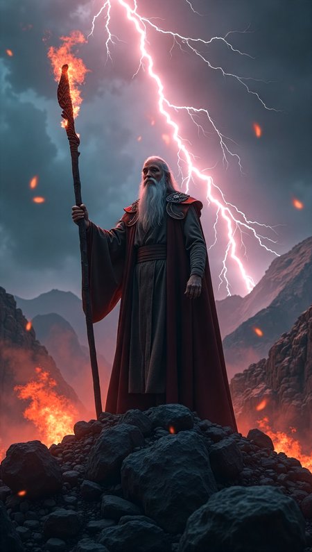 a powerful wizard stands on a mountaintop during a raging thunderstorm, red lightning strikes all around him, fire in the skies, he holds a large handcarved staff, top down shot, closeup,focus on face in style of 'The Lord of the Rings' directed by Peter Jackson, high fantasy, epic landscapes, detailed costumes, ancient architecture, dramatic lighting, lush greenery, majestic kingdoms, mythical races, vast horizons, rugged terrains, enchanting forests, elaborate armor . embedding:EZRealPONYXL,
