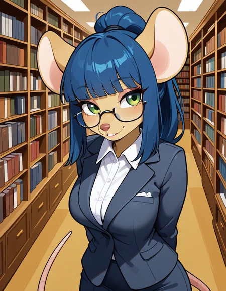 masterpiece, best quality, very aesthetic, absurdres,
indoors, library, 
office lady, 
seductive smile, parted lips, long eyelashes,
<lora:Dewey_Teagarden_v01_NAIXL:1>
D3w3y,1girl,solo,furry,furry female,mouse girl,mouse ears,long hair,blue hair,high ponytail,sidelocks,blunt bangs,green eyes,semi-rimless eyewear,snout,animal nose,body fur,yellow fur,mouse tail,