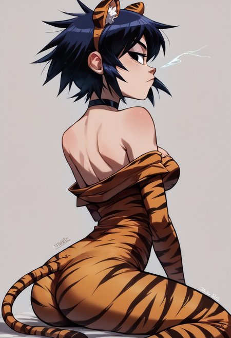 score_9, score_8_up, score_8, BREAK, 1girl, solo, breasts,  <lora:noodlegorillaz-guy-PONYv1:.9>, noodlegorillaz, black hair,  animal ears, tail, ass, choker, bodysuit, animal print, fake tail, tiger ears, tiger print, tiger tail, single off shoulder, sleeveless, strapless, off shoulder, pointing electricity