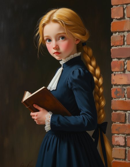 masterpiece, high quality, Oil Painting, Hyper-realistic, half body portrait, Princess Rapunzel dressed as a British school girl from the 1850s. She wears a traditional navy blue school uniform with a high-collared white blouse. Her 70 foot long, golden hair is braided intricately, cascading down her back and tied with a classic ribbon. She holds a small leather-bound book in one hand, with an inquisitive expression on her face as she stands in front of an old brick schoolhouse. The overall atmosphere is serene and scholarly, reflecting the elegance and grace of Princess Rapunzel in a historical British school setting. Rapunazel is has white skin, blue eyes, and a skinny petite body.
Shadow and light, Masterpiece, intricate lines, intriguing atmosphere, sharp magnificent details, delicate features, elaborate details, (2\3 rule composition:0.5), ultra detailed, romantic, Rembrandt lighting, brush stroke, lovely, del1cate_balance style, novuschroma, in the style of Rembrandt. vantablack <lora:style_of_Rembrandt_FLUX_135:.8> <lora:- Flux1 - vanta_black_V2.0:.3> <lora:Delicate_Balance:.3> <lora:neeeg_f1:-1> <lora:113_novuschromaFLX_1:.2>  <lora:zavy-disney-rapunzel-fxl:.3>