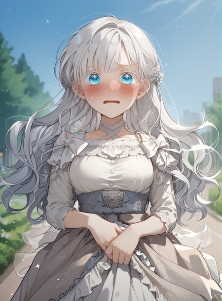 score_9_up, score_8_up, score_7_up, (Anime_source), 1girl, embarrassed, in park , looking at viewer, facing viewer, dress, <lora:Aisha_Del_Elmir_-_Into_the_Light_Once_Again:1> aisha del elmir, 1girl, blue eyes, white hair, long hair, medium breasts, white eyeslash, bangs, grabbing clothes