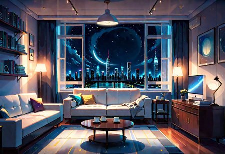 ((front view)), Shallow scene, ((animation style)), modern-style interior, with white walls, (large windows), a  study, Sofa, coffee table, bookcase, single wall, (gloomy room), Turn off ceiling lighting, Turn off the indoor lights and turn on only the desk lamp, quiet and mysterious night sky, starry sky, moonlight, city night view, (City high-rise building scenery), (City scenery outside the window)