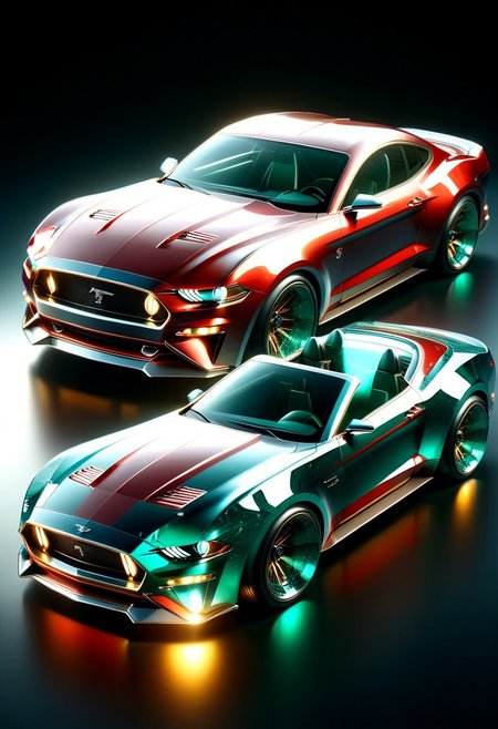 A futuristic car made entirely of transparent crystal that has  hints of a 1955 Chorvett sting ray convertible. It is  entirely made out of transparent red glass crystal, ultra detailed, enhanced, prismatic colors, render, CRU, sharp, 8k, octane render, cinema 4d, blender, dark, atmospheric 4k ultra detailed, cinematic, Sharp focus, big depth of field, Masterpiece, colors, 3d octane render, 4k, concept art, hyperrealistic, Vivid colors, extremely detailed 8k wallpaper, Intricate, High Detail. Car has square LED headlights, a glowing LED Ford mustang  emblem. LED running lights  Car is in a futurist high tech dealer showroom on a circular platform that is lit from below. The car has several spotlights on it which only enhance the crystal.  camera is looking down and sideways as the car. emeraldmorph
