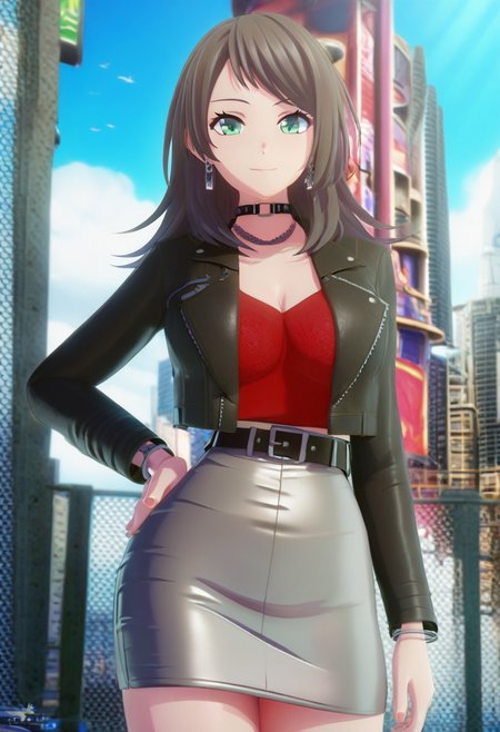 score_9, score_8_up, score_7_up, score_6_up, uncensored, BREAK,  source_anime, BREAK masterpiece, best quality, masterpiece, uncensored, detailed background, high-res image, ultra-detailed, 8K, illustration, ultra-detailed-eyes, hoovesart, blender style, outdoors, city, day, standing, 1girl, solo,<lora:Yahata UmiriV3:1>,Yahata Umiri, formaal, green eyes, black hair, long hair, skirt, black jacket, jacket, grey skirt, leather jacket, choker, pencil skirt, jewelry, leather, earrings, belt, miniskirt, long sleeves, open clothes, breasts, cleavage, open jacket, red shirt, shirt, black choker, black belt, leather, light smile, hand on hip, calm, beautiful face, perfect body