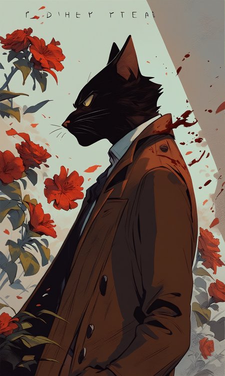 score_9, score_8_up, score_7_up, cat anthro boy, flower, blood, claws, (detective, comic cover, dutch angle), glaring, shadow, high contrast, skinny, formal, upper body, looking away, leaning, pose, body, trench coat, from side,